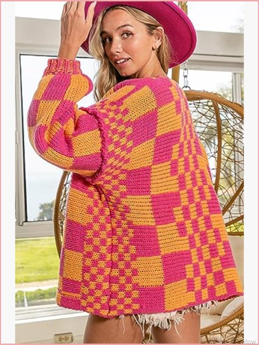 Open Front Chunky Knit Cardigan Sweater Long Sleeve Plaid - Picture 3 of 7
